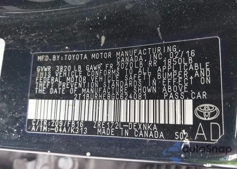 2016 Toyota Corolla Le Plus z USA, uszkodzony, nr VIN 2T1BURHE8GC624081